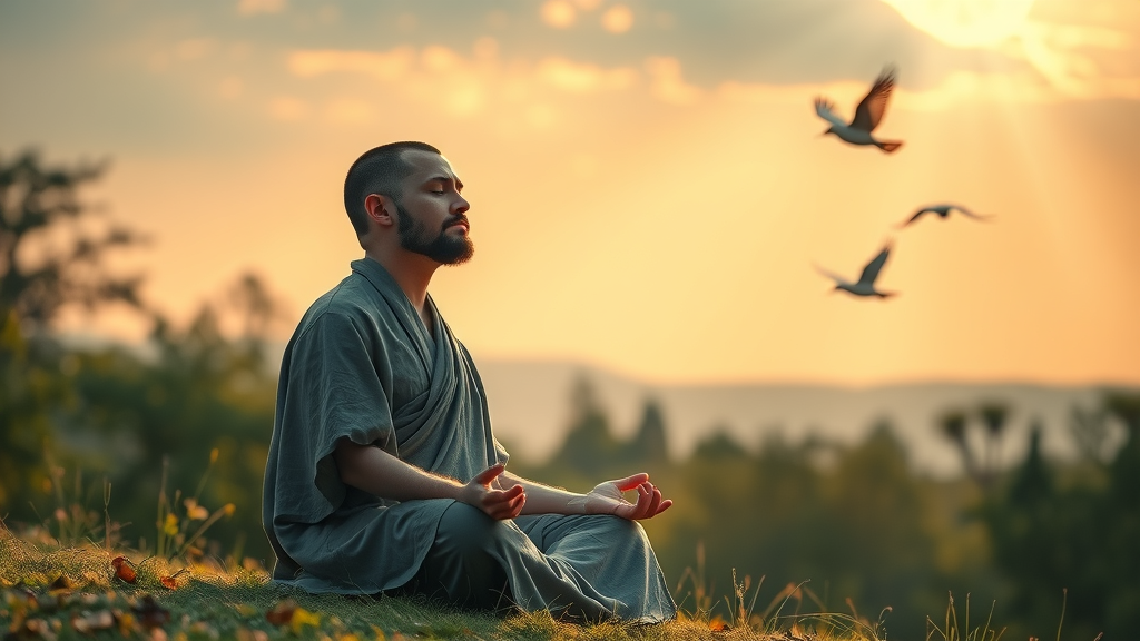 Prince of peace meditating in serene landscape, peaceful expression, golden hour sunlight