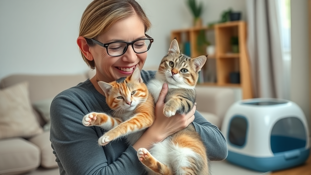 grateful cat owner with healthy cat, benefits of catlogging system, peace of mind