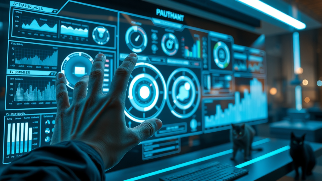 high-tech dashboard interface, catlog board user dashboard, futuristic catlogging system interface