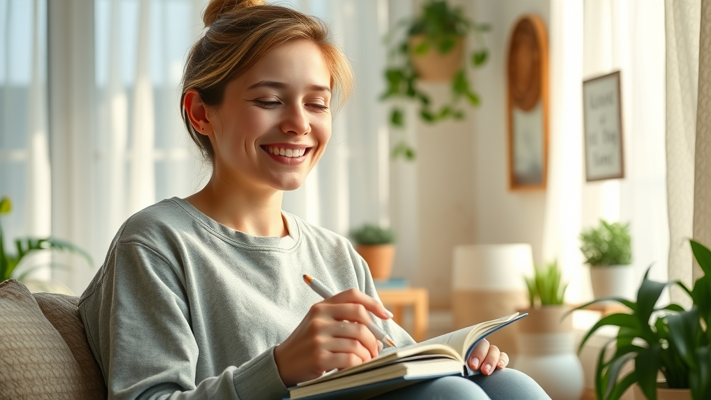 Hopeful person journaling about Prince of Peace in a peaceful sunlit room, gentle pastels, cozy setting