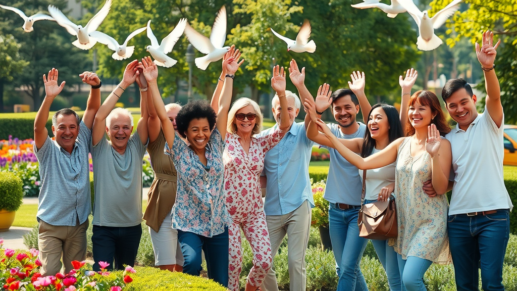 Diverse community experiencing unity and peace, Prince of Peace message, doves overhead