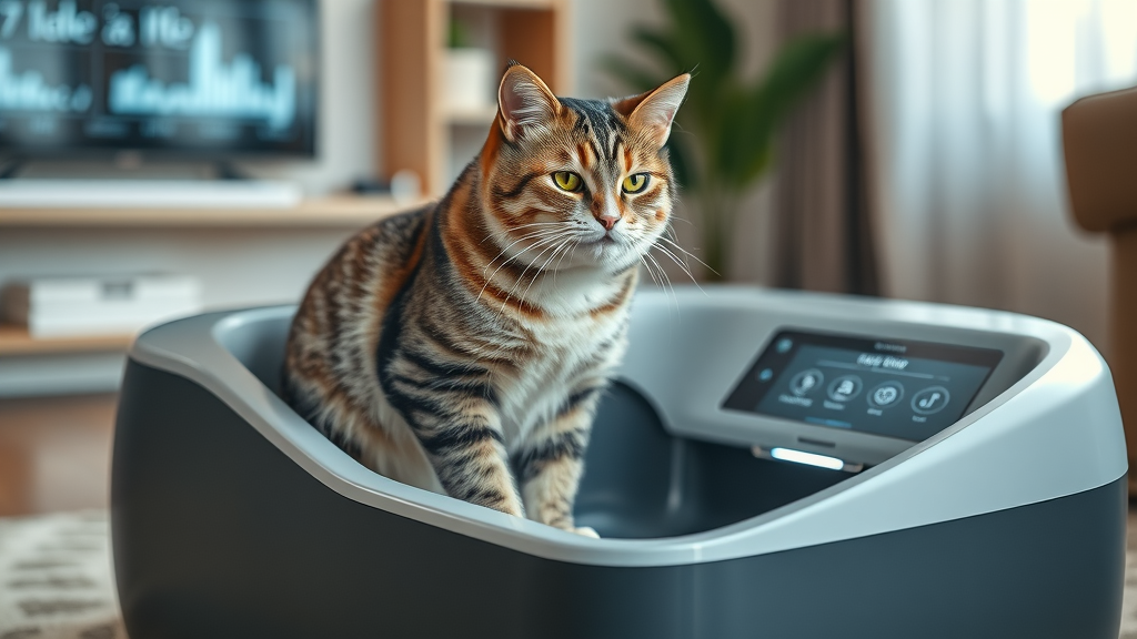 sleek modern smart litter box, content tabby cat, monitoring its behavior, high-tech home interior, catlogging system
