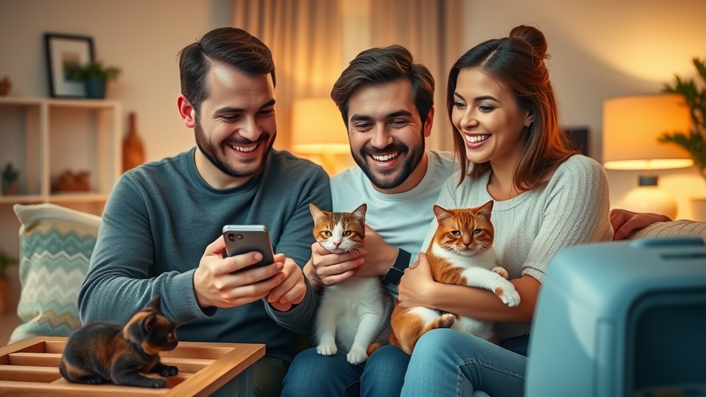happy family using smartphone app, observing cat health data, catlogging system, smart litter box