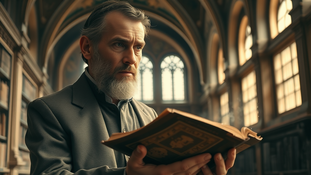 Biblical scholar studying ancient illuminated Bible on Prince of Peace, sepia tones, historic library