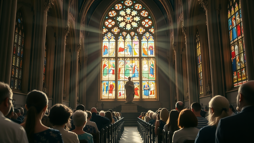 Peaceful congregation under cathedral stained glass, Prince of Peace Catholic Church setting, vivid jewel tones